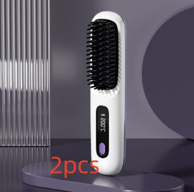2 in 1 straight hair comb wireless hair straightener brush hair fast heating portable hot curler usb charging - 2 In 1 Straight Hair Comb Wireless Hair Straightener Brush Hair Fast Heating Portable Hot Curler USB Charging LCD White English 2 Piece Pack Pack