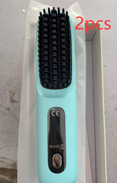 2 in 1 straight hair comb wireless hair straightener brush hair fast heating portable hot curler usb charging - 2 In 1 Straight Hair Comb Wireless Hair Straightener Brush Hair Fast Heating Portable Hot Curler USB Charging LCD Blue English 2 Piece Pack Pack