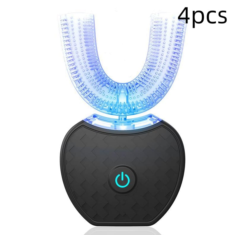 360 degrees intelligent automatic electric toothbrush waterproof u type tooth brush whitening blue light usb charging - 360 Degrees Intelligent Automatic Electric Toothbrush Waterproof U Type Tooth Brush Whitening Blue Light USB Charging Black 4 Piece Pack Pack